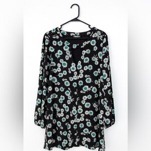 Express Women’s Black & Teal Floral Keyhole Swing Dress – Size Large